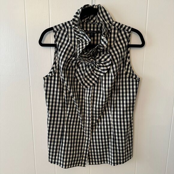 Lafayette 148 Gingham Sleeveless Top Ruffled Neck Bow Black White Size 10 Office - Picture 1 of 12